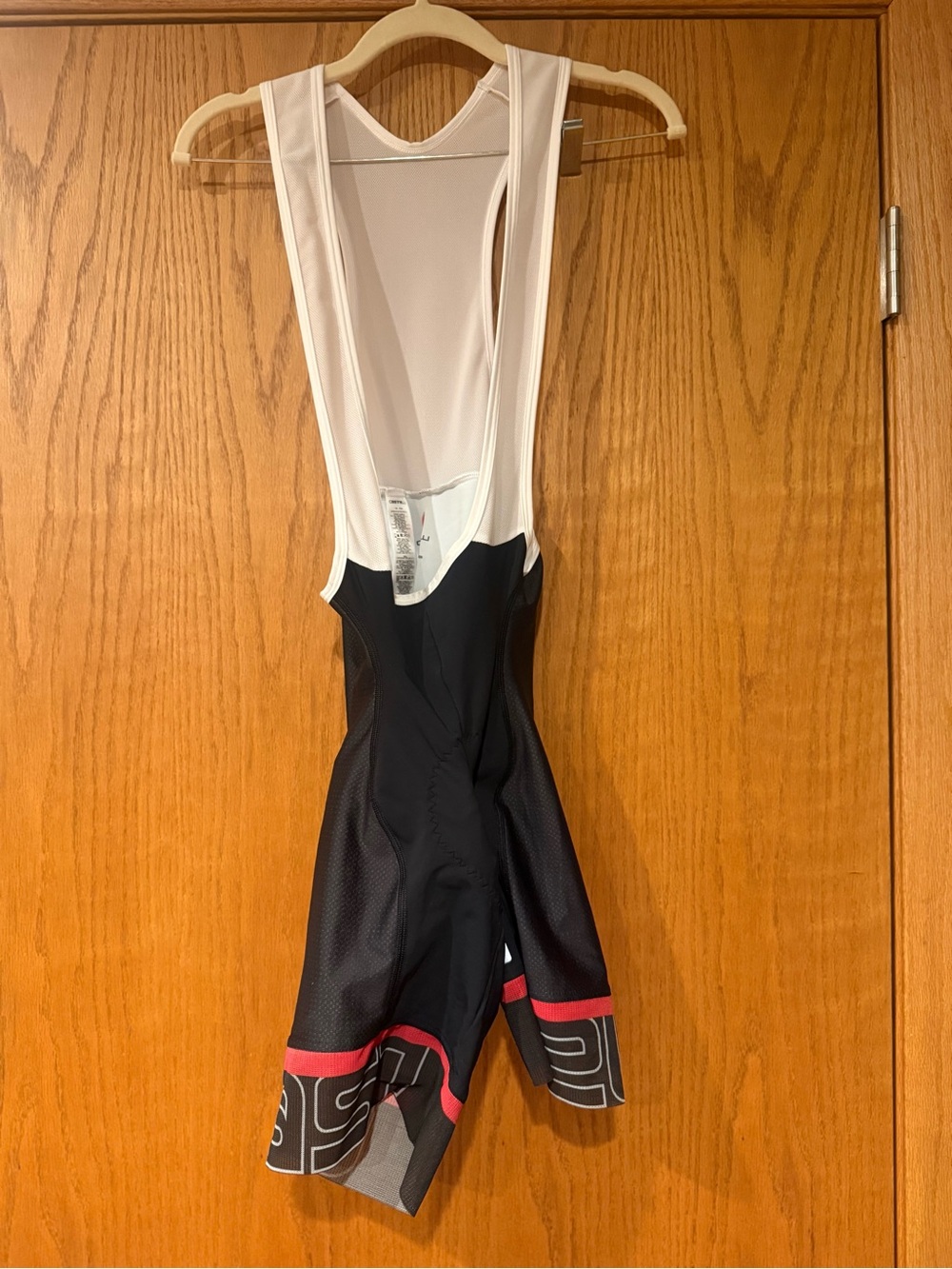 Men's Black Cycling Bib Shorts with White Straps and Red Accent - worn once!